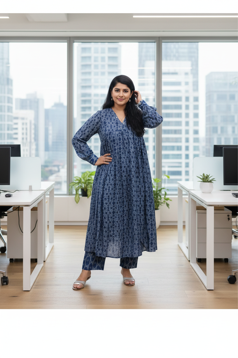 V Neck Muslin Kurta Pant Set With Alia Cut