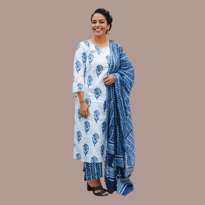 Batik Print Cotton Kurta Pant Dupatta Set With Zig Zag Pattern