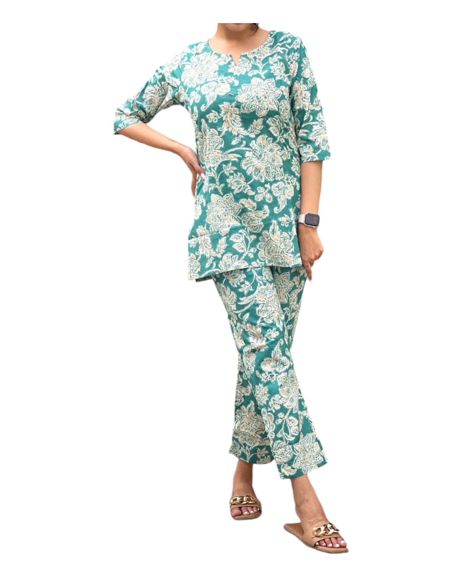 Buy Two Piece Cotton Lounge Wear in green – Tvahra