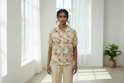 Digital Printed Multicolor Short Top with V-Neck and Short Sleeves