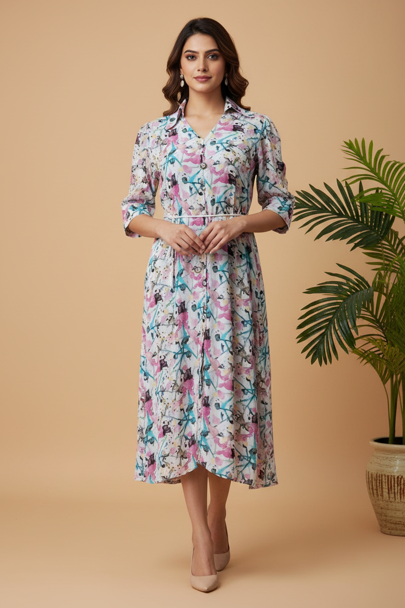 Digital Print Linen Cotton One Piece Dress