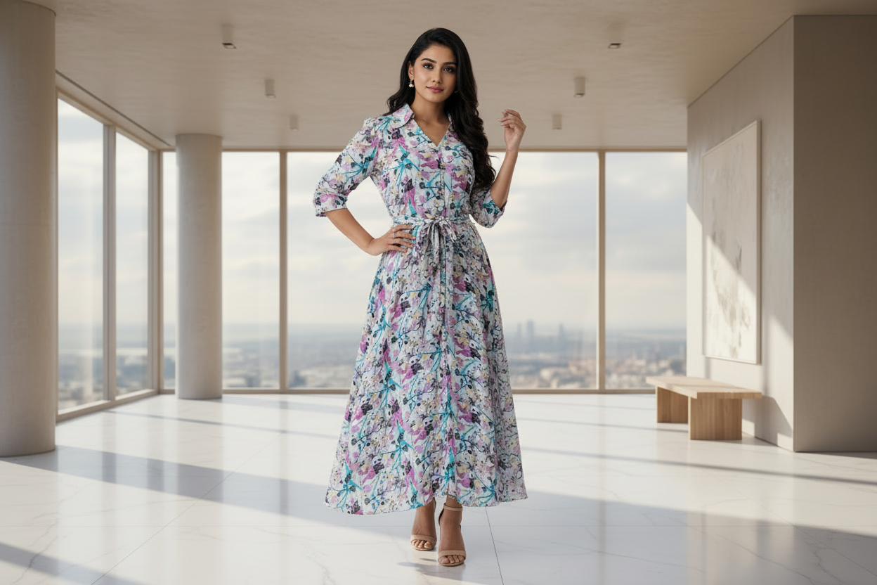 Digital Print Linen Cotton One Piece Dress