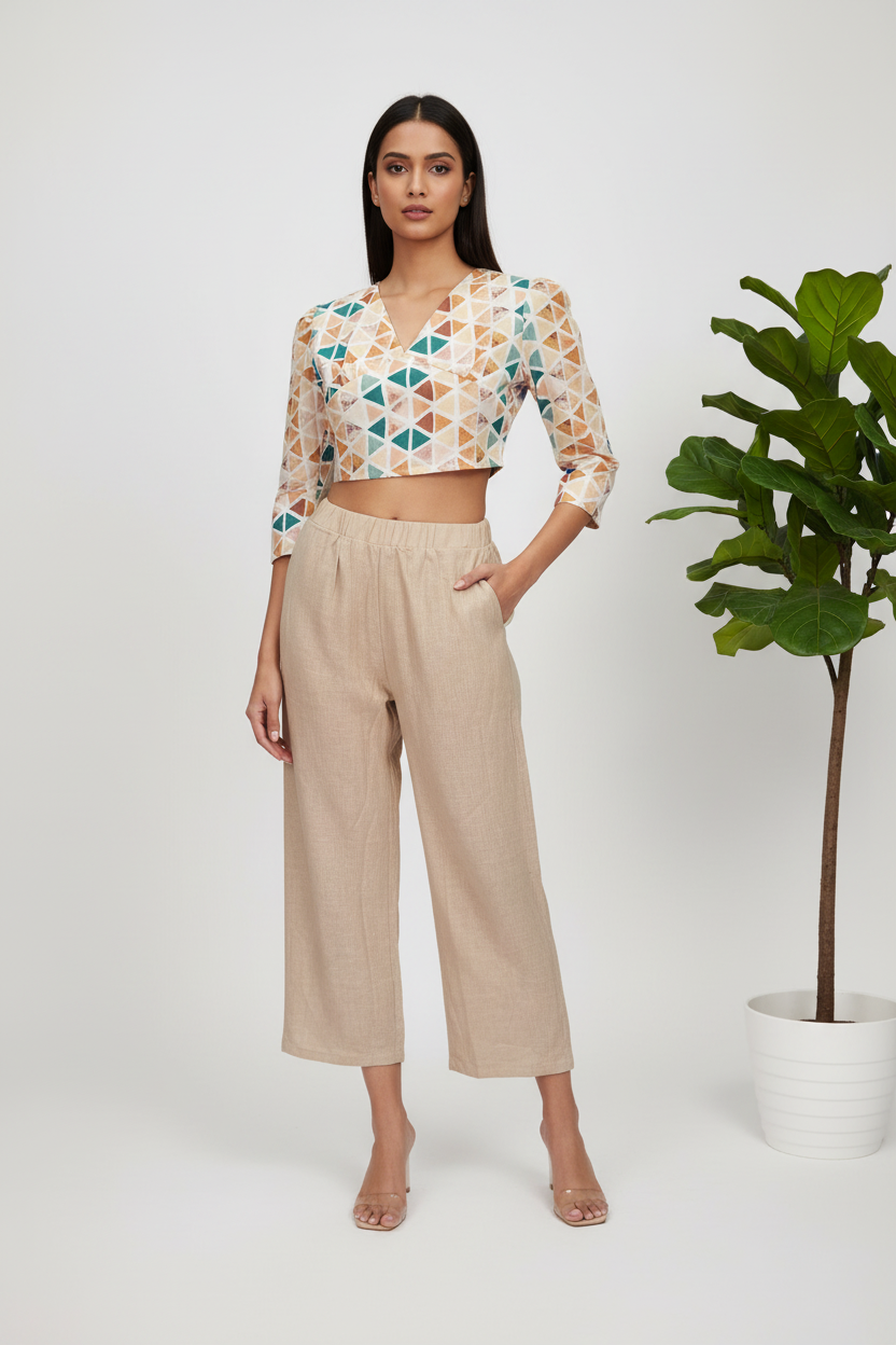 Cotton Linen Two Piece Outfit With Crop Top And Straight Pants