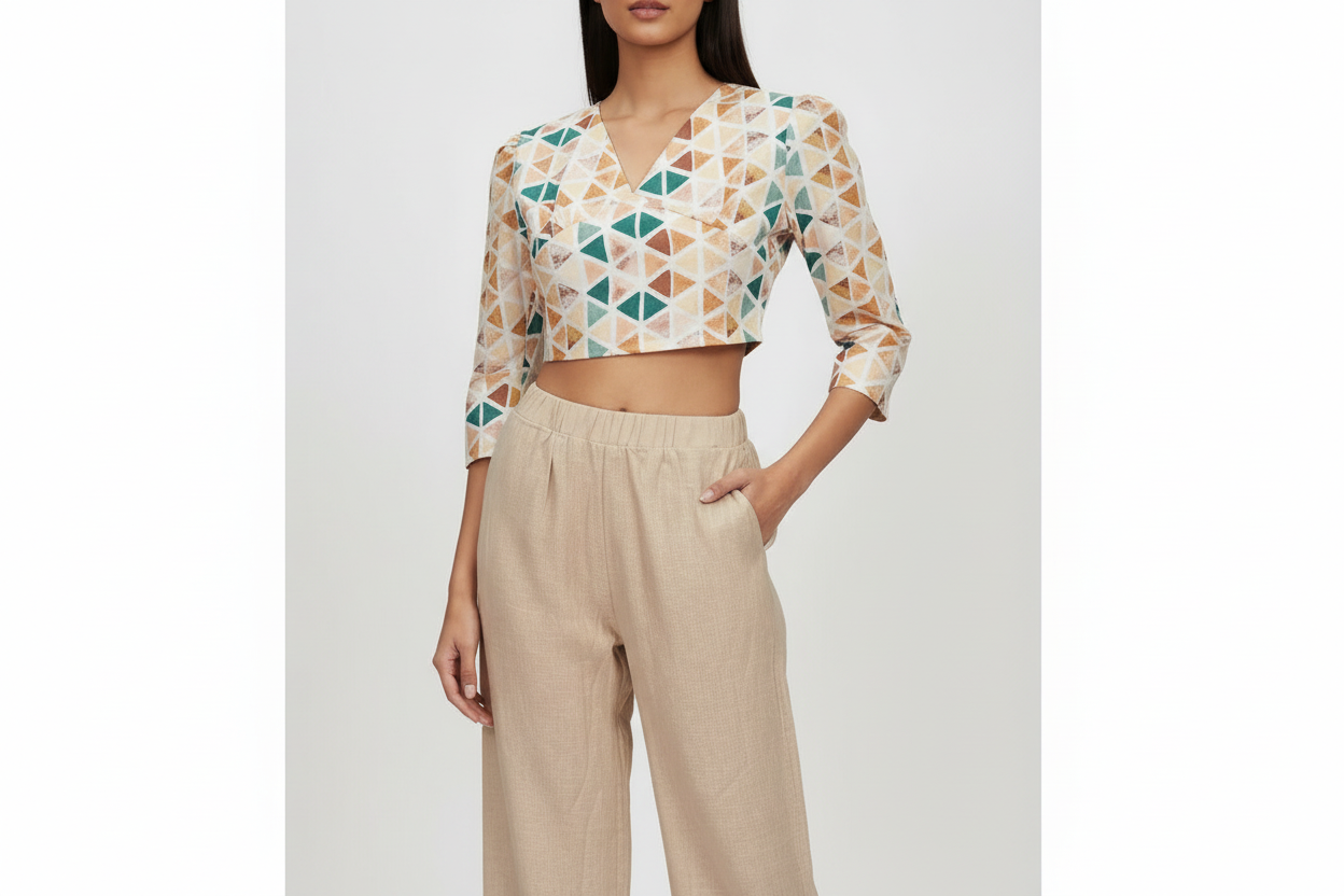Two Piece Outfit With Crop Top And Cotton Linen Straight Pants