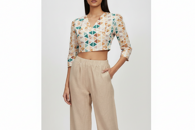 Two Piece Outfit With Crop Top And Cotton Linen Straight Pants
