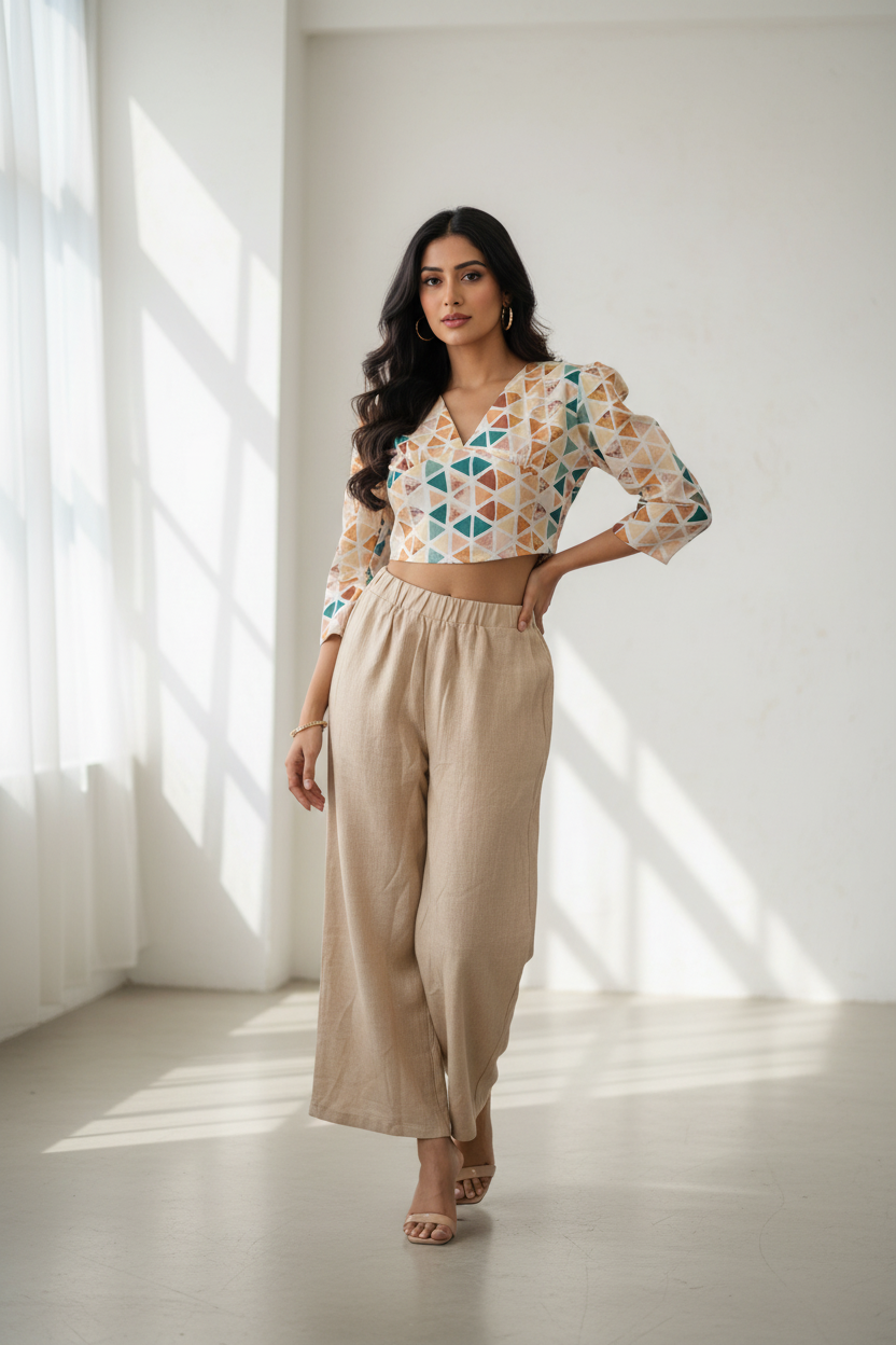 Two Piece Outfit With Crop Top And Cotton Linen Straight Pants