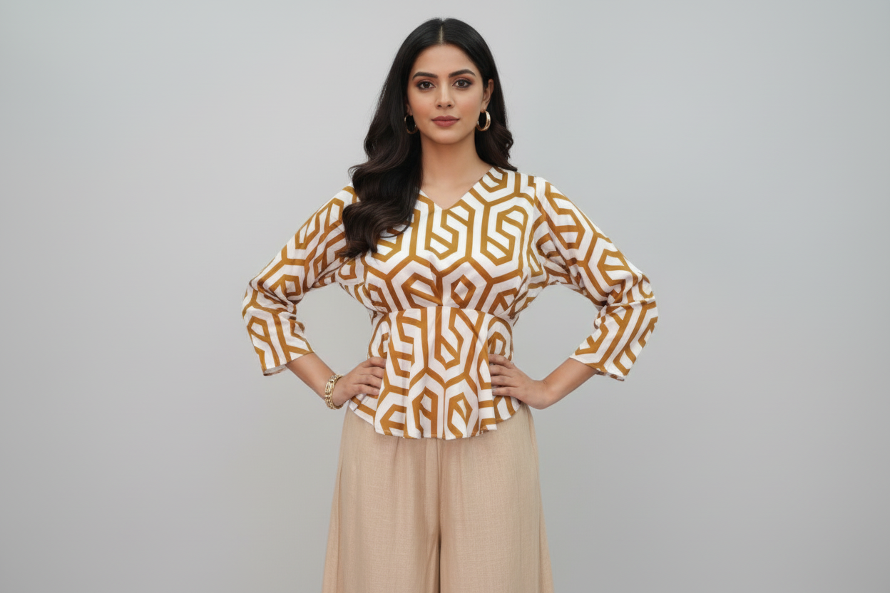 Geometric Print Kaftan And Peplum Style Crop Top