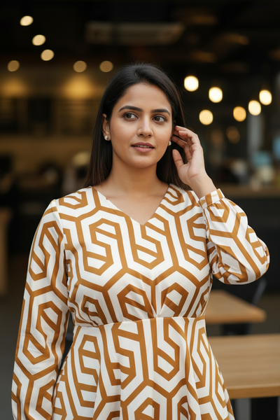 Geometric Print Kaftan And Peplum Style Crop Top