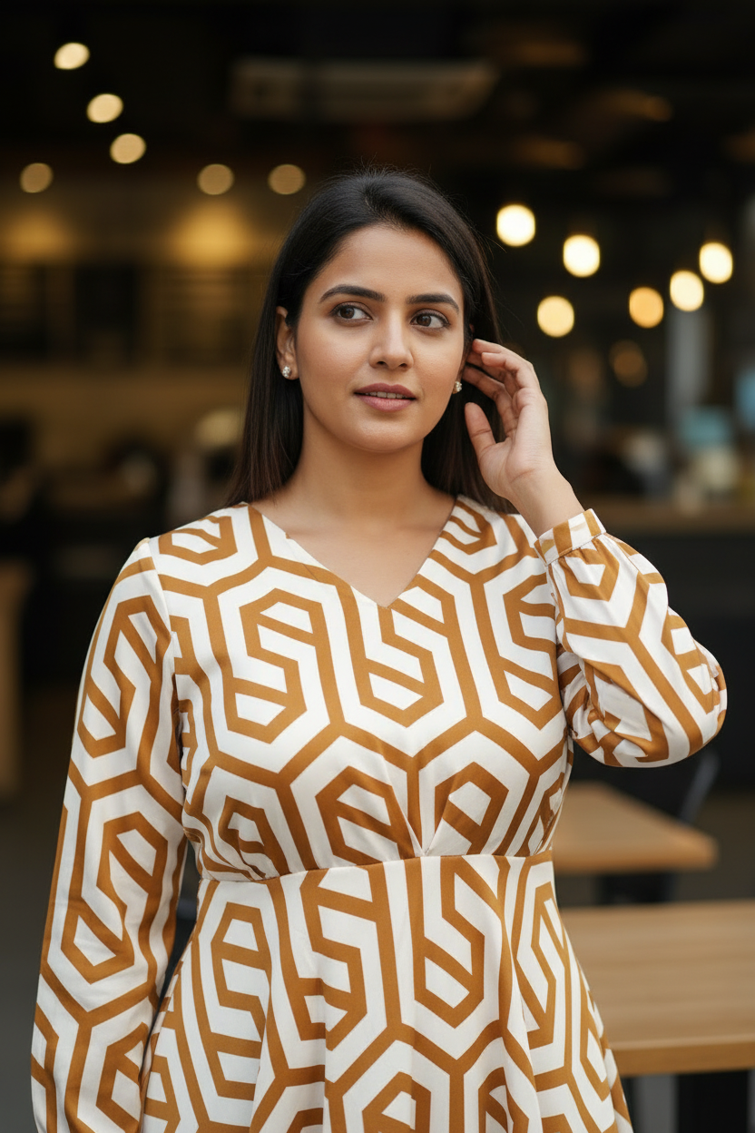 Geometric Print Kaftan And Peplum Style Crop Top