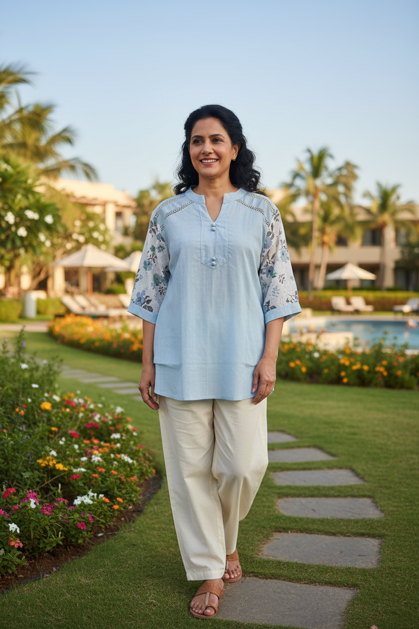 Plain Cotton Top With Floral Print Hakoba Sleeves