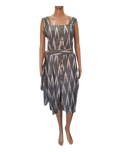 Buy Ikkat Print  Cotton Sleeveles One Piece Dress With Belt – Tvahra
