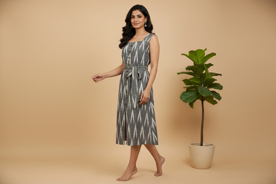 Ikkat Print  Cotton Sleeveles One Piece Dress With Belt