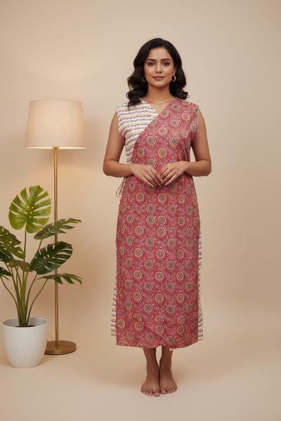 Overlap Cotton One Piece Dress - Peach