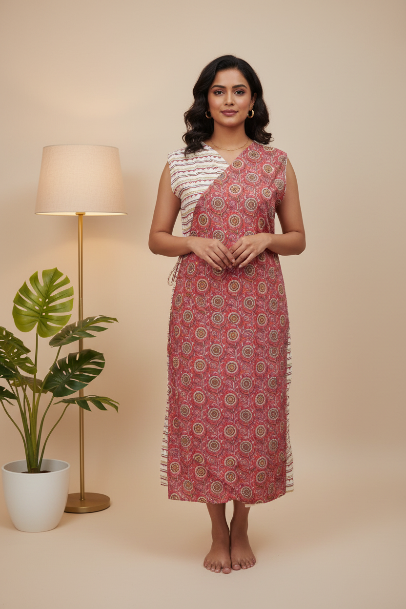 Overlap Cotton One Piece Dress - Peach