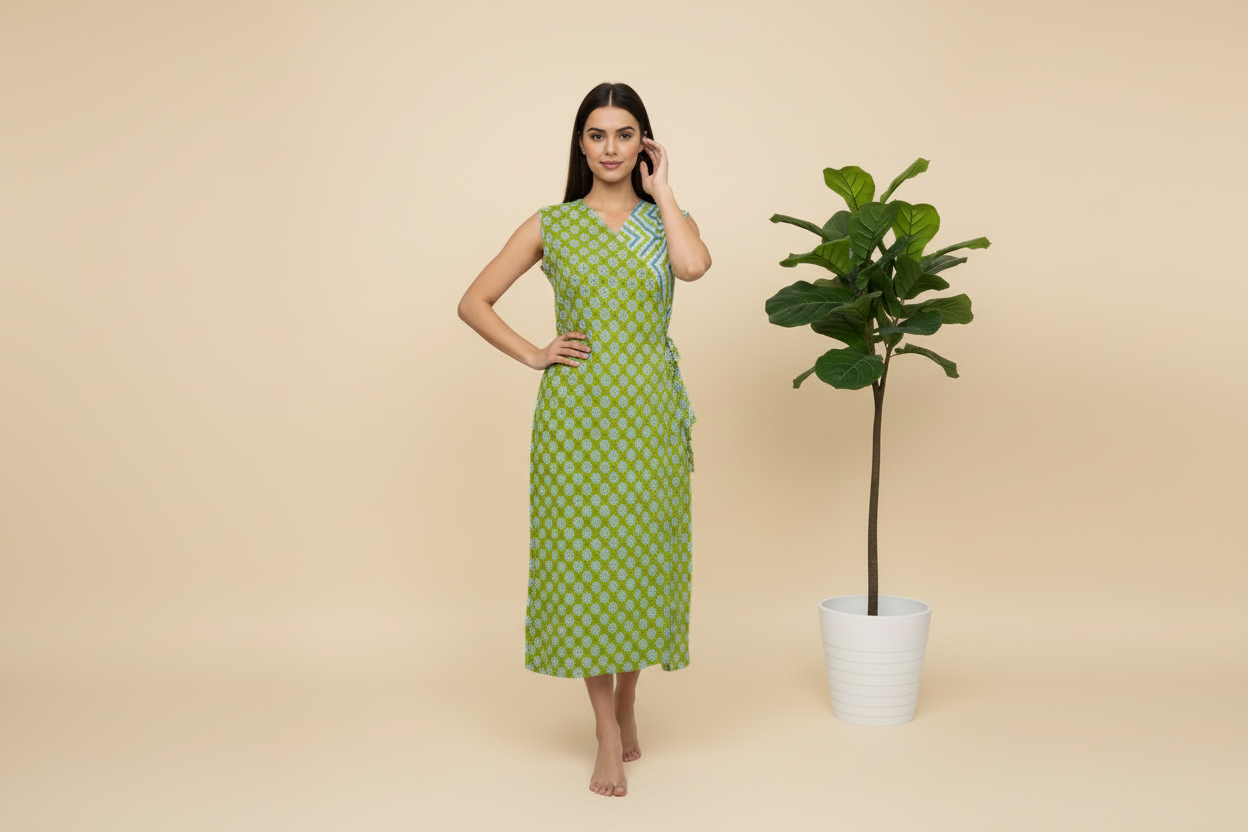 Overlap Cotton One Piece Dress - Light Green