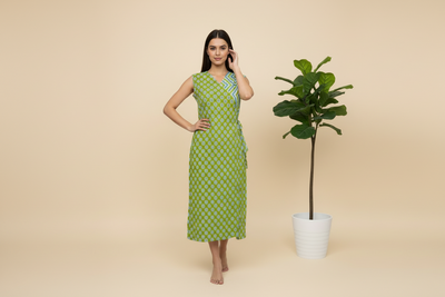 Overlap Cotton One Piece Dress - Light Green