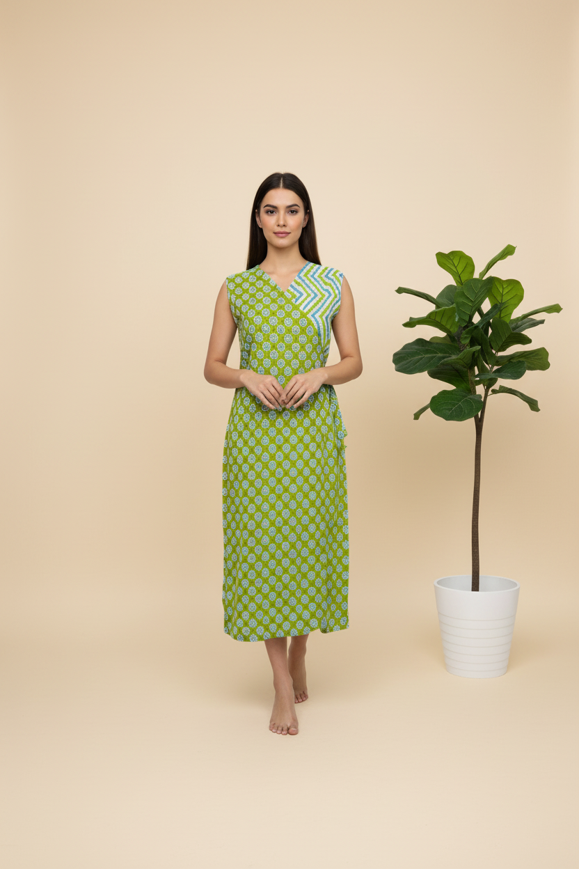 Overlap Cotton One Piece Dress - Light Green