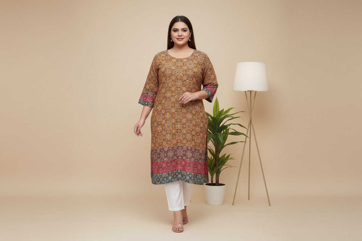 A woman wearing an ajrakh print kurta with white pants