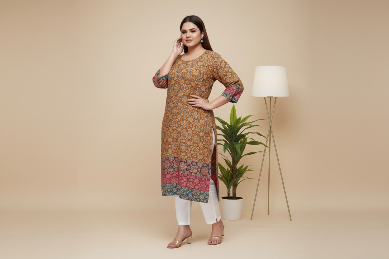 Multicolor Ajrakh Print Cotton Kurta - Mustard