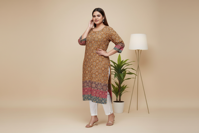 Multicolor Ajrakh Print Cotton Kurta - Mustard