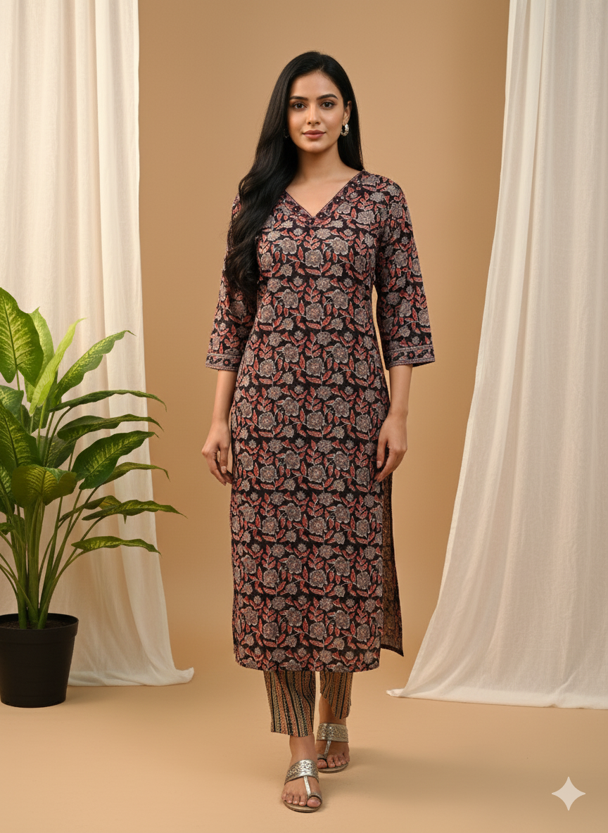 Floral Print Cotton Kurta Pant Set With V Neck