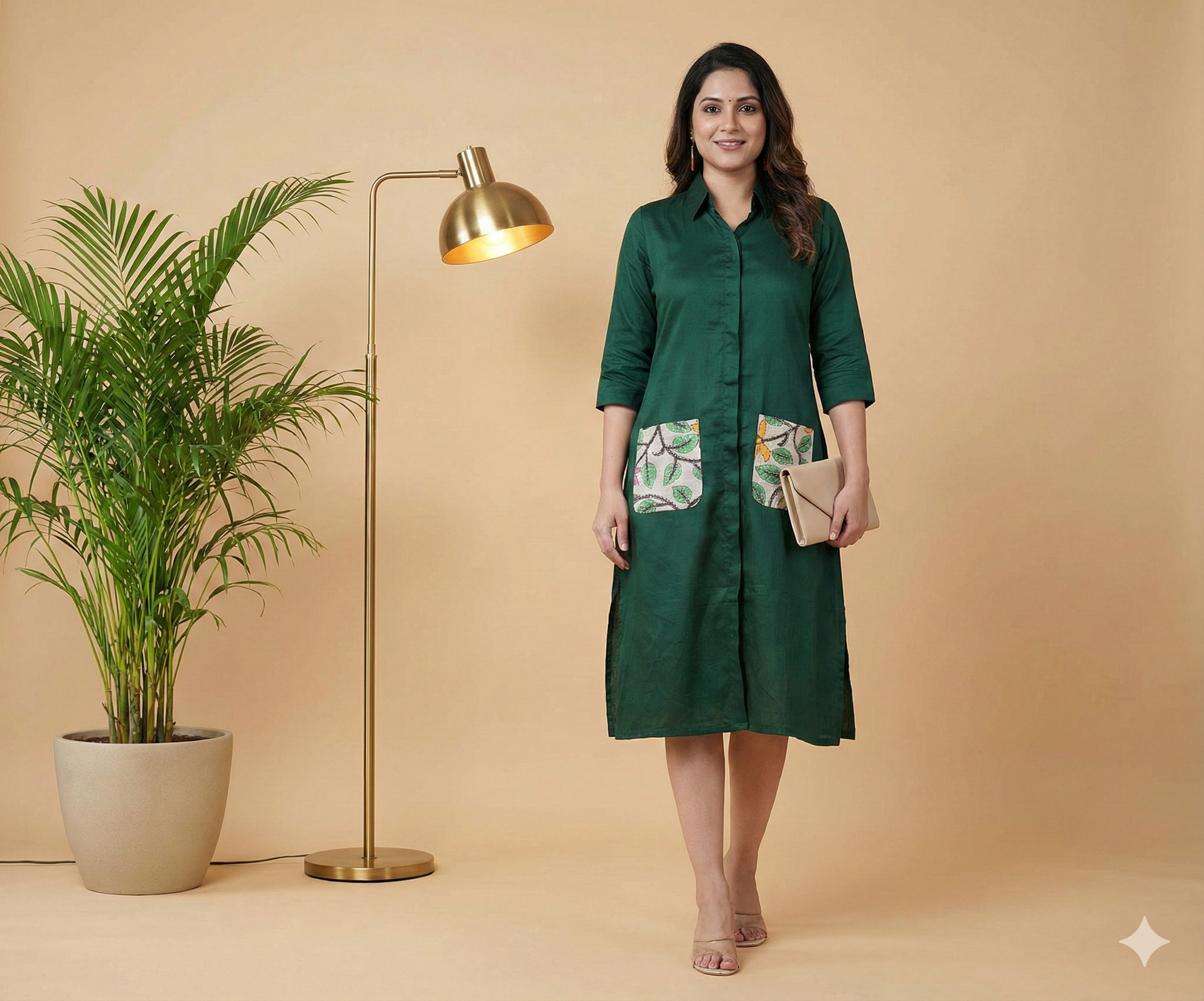 Cotton Silk One Piece Dress - Green