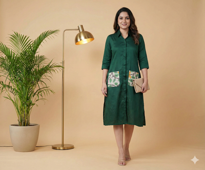 Cotton Silk One Piece Dress - Green
