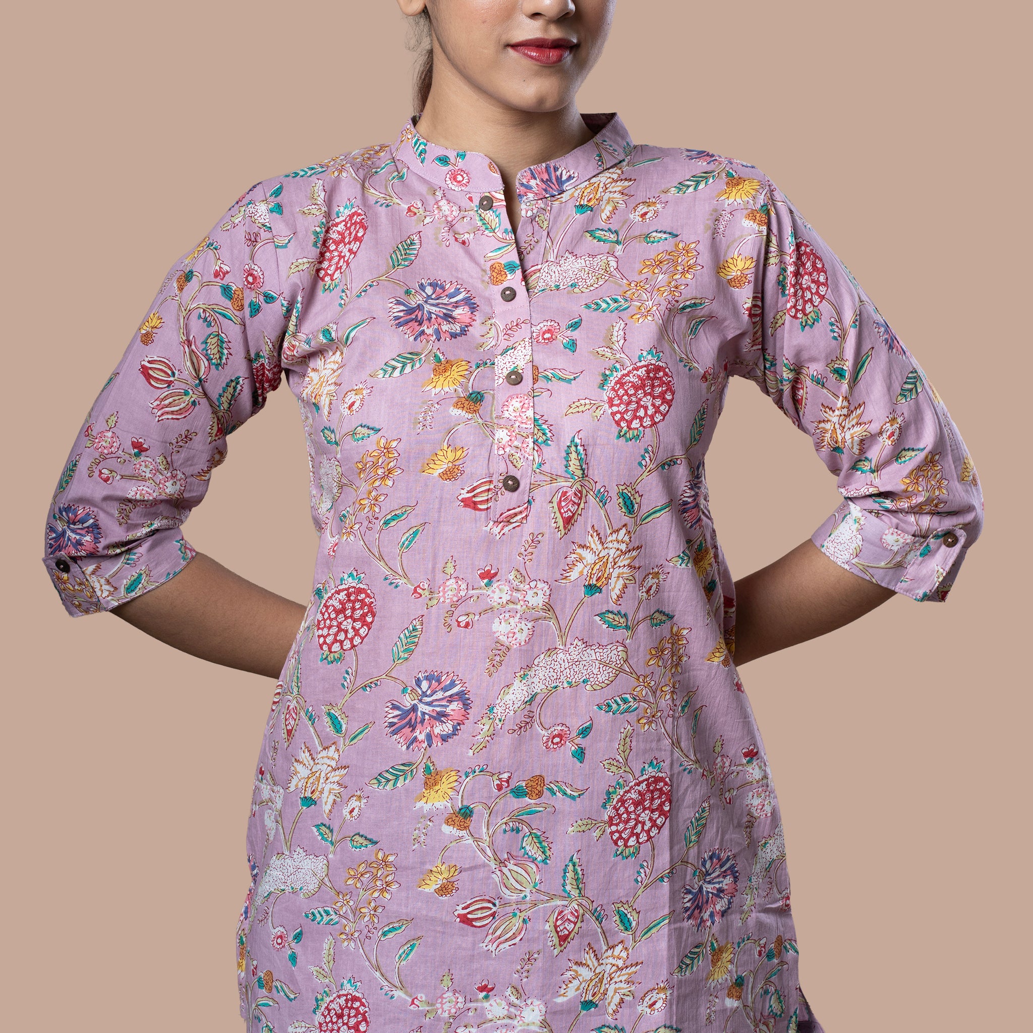 Asian Collar Floral Print Cotton Tunic With Buttons