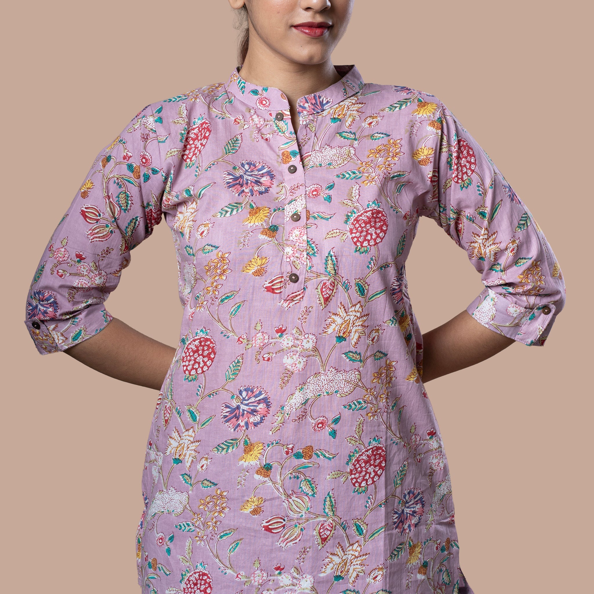 Asian Collar Floral Print Cotton Tunic With Buttons - Lavendar Green