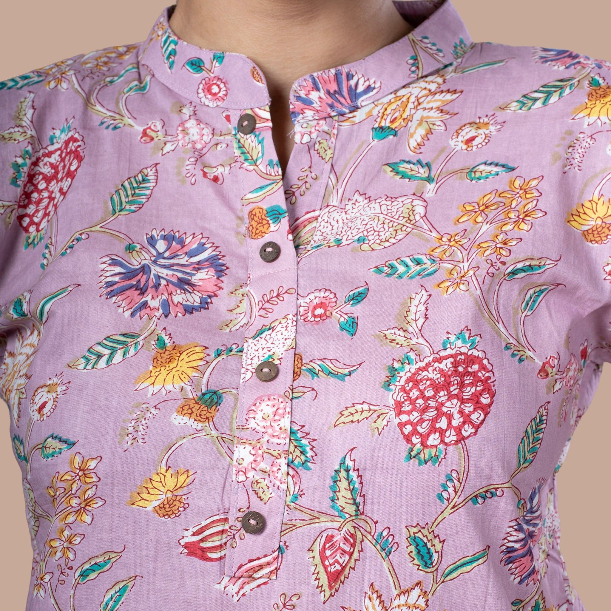 Asian Collar Floral Print Cotton Tunic With Buttons - Lavendar