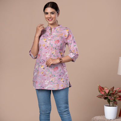 Asian Collar Floral Print Cotton Tunic With Buttons - Lavendar Green