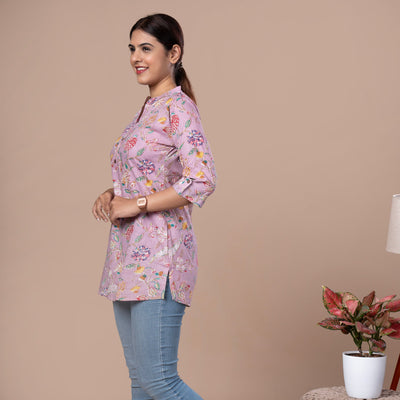 Asian Collar Floral Print Cotton Tunic With Buttons - Lavendar
