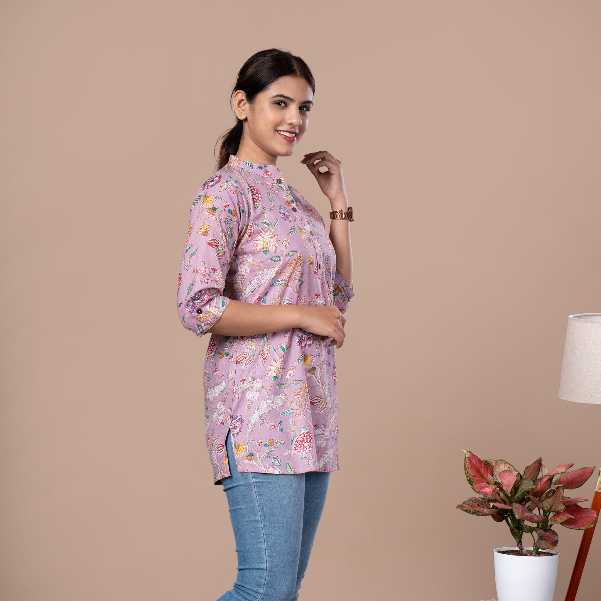Asian Collar Floral Print Cotton Tunic With Buttons