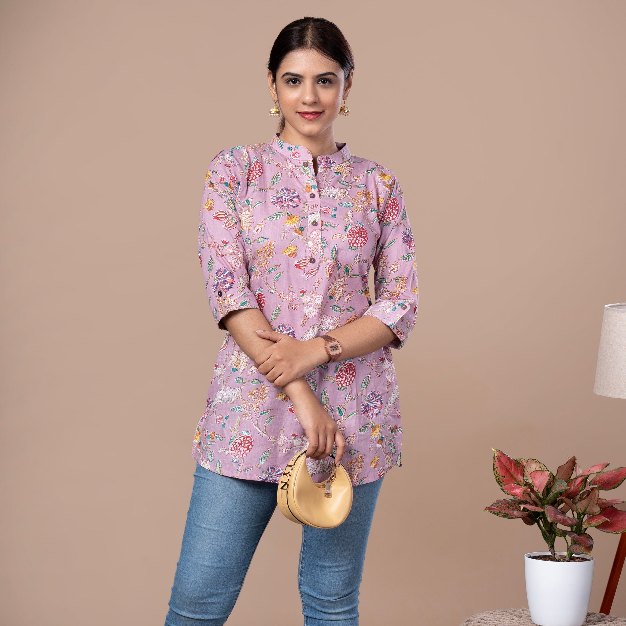 Asian Collar Floral Print Cotton Tunic With Buttons - Lavendar
