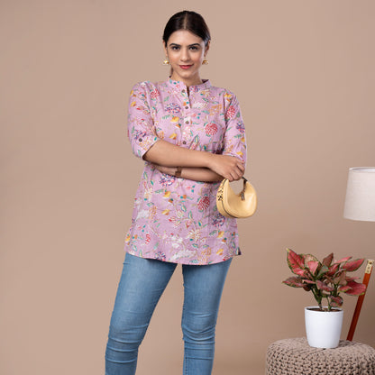 Asian Collar Floral Print Cotton Tunic With Buttons