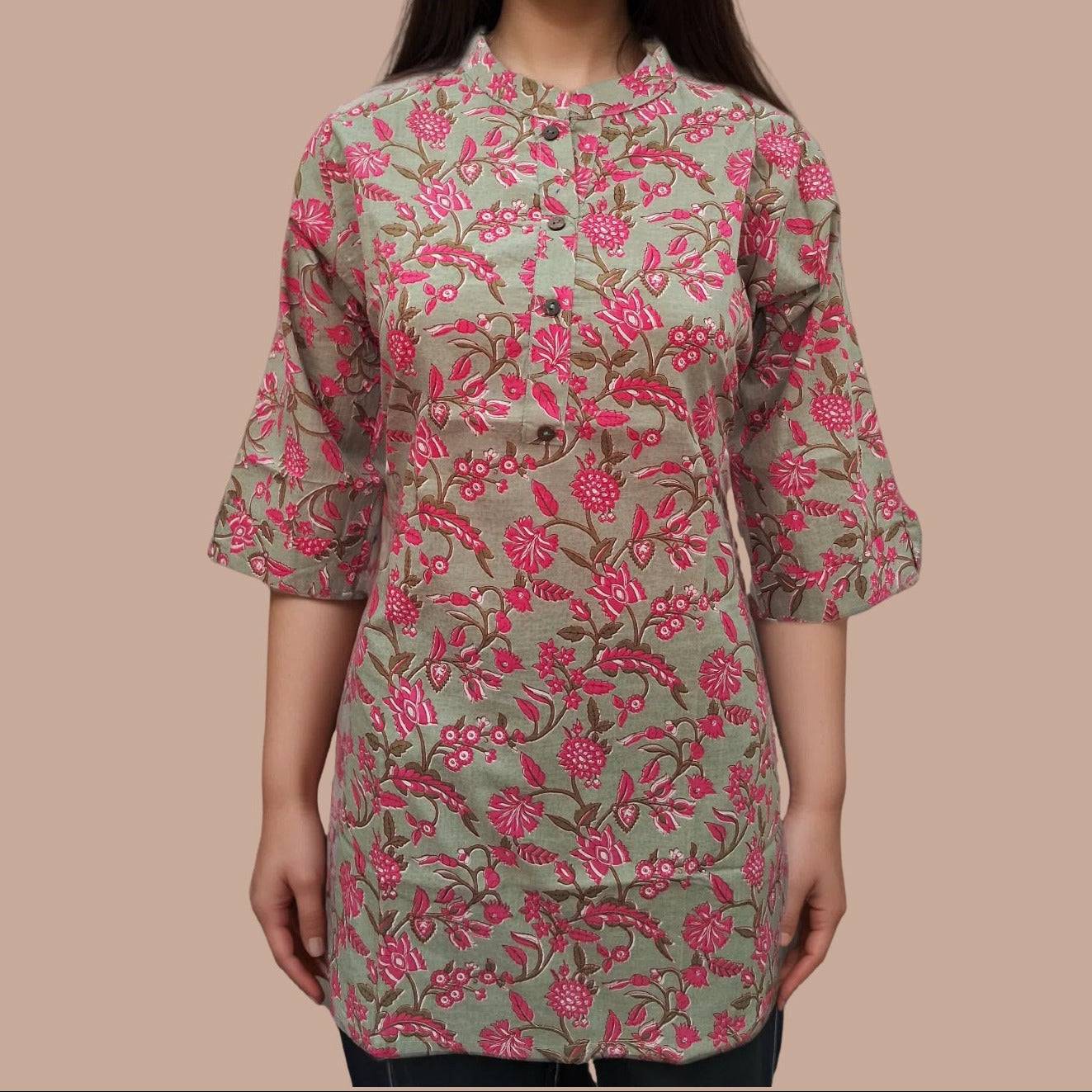 Asian Collar Floral Print Cotton Tunic With Buttons - Lavendar Green