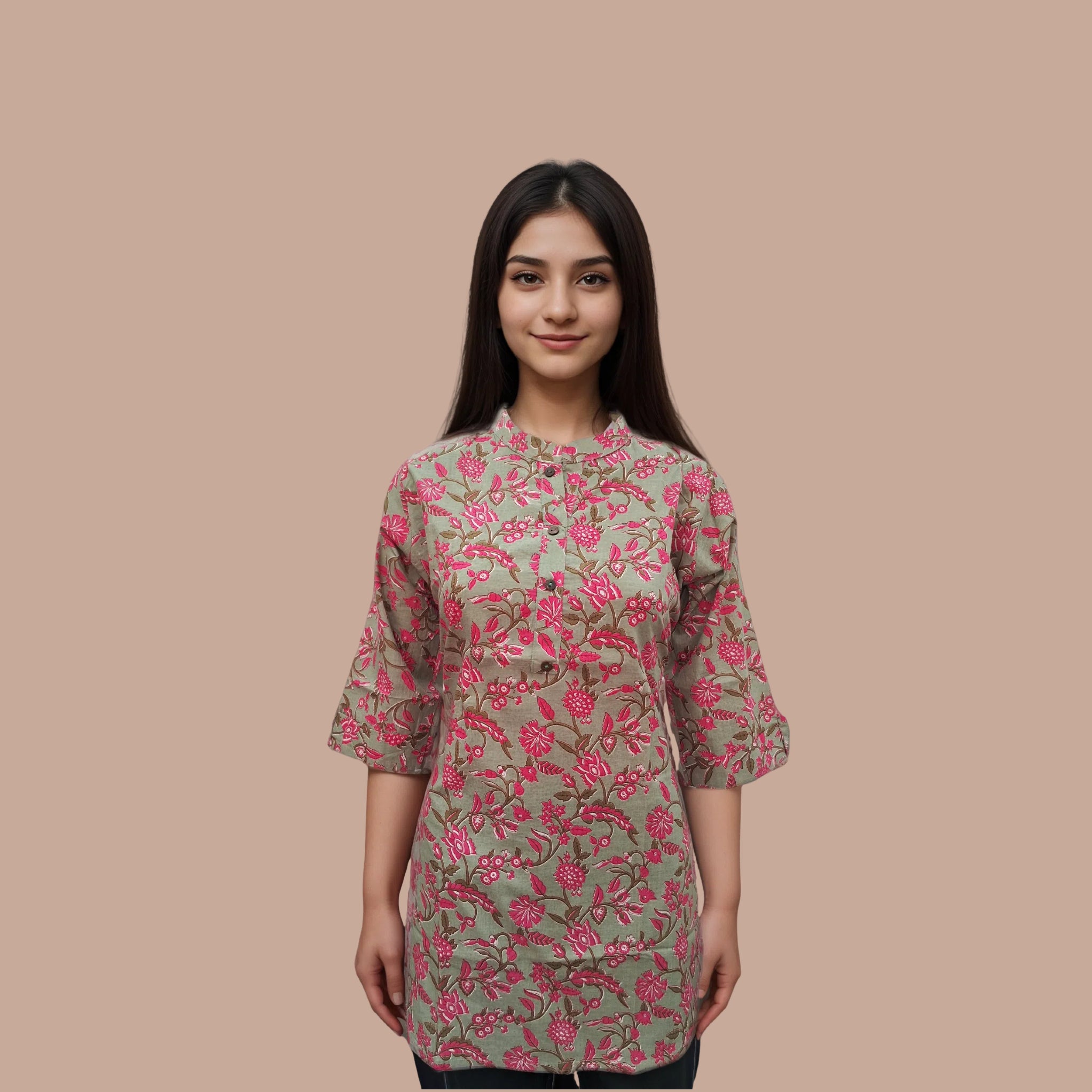 Asian Collar Floral Print Cotton Tunic With Buttons