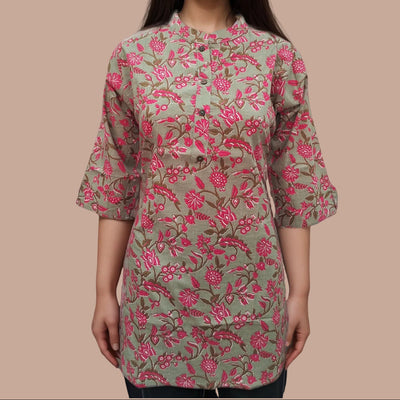 Asian Collar Floral Print Cotton Tunic With Buttons - Lavendar Green
