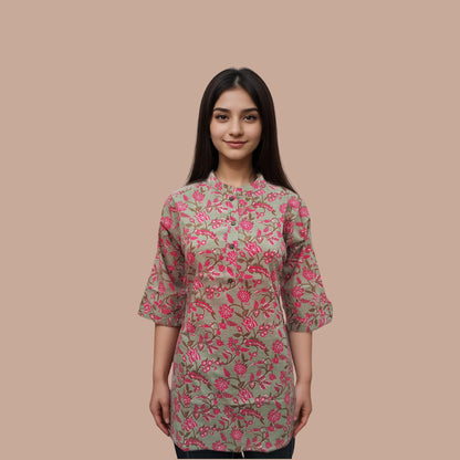Asian Collar Floral Print Cotton Tunic With Buttons