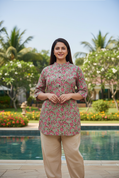 Asian Collar Floral Print Cotton Tunic With Buttons - Lavendar Green