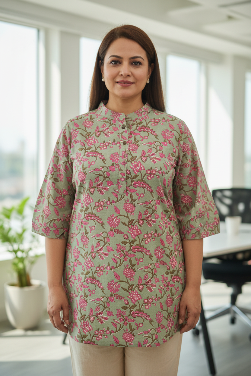 Asian Collar Floral Print Cotton Tunic With Buttons - Lavendar Green