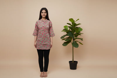 Asian Collar Floral Print Cotton Tunic With Buttons - Lavendar Green