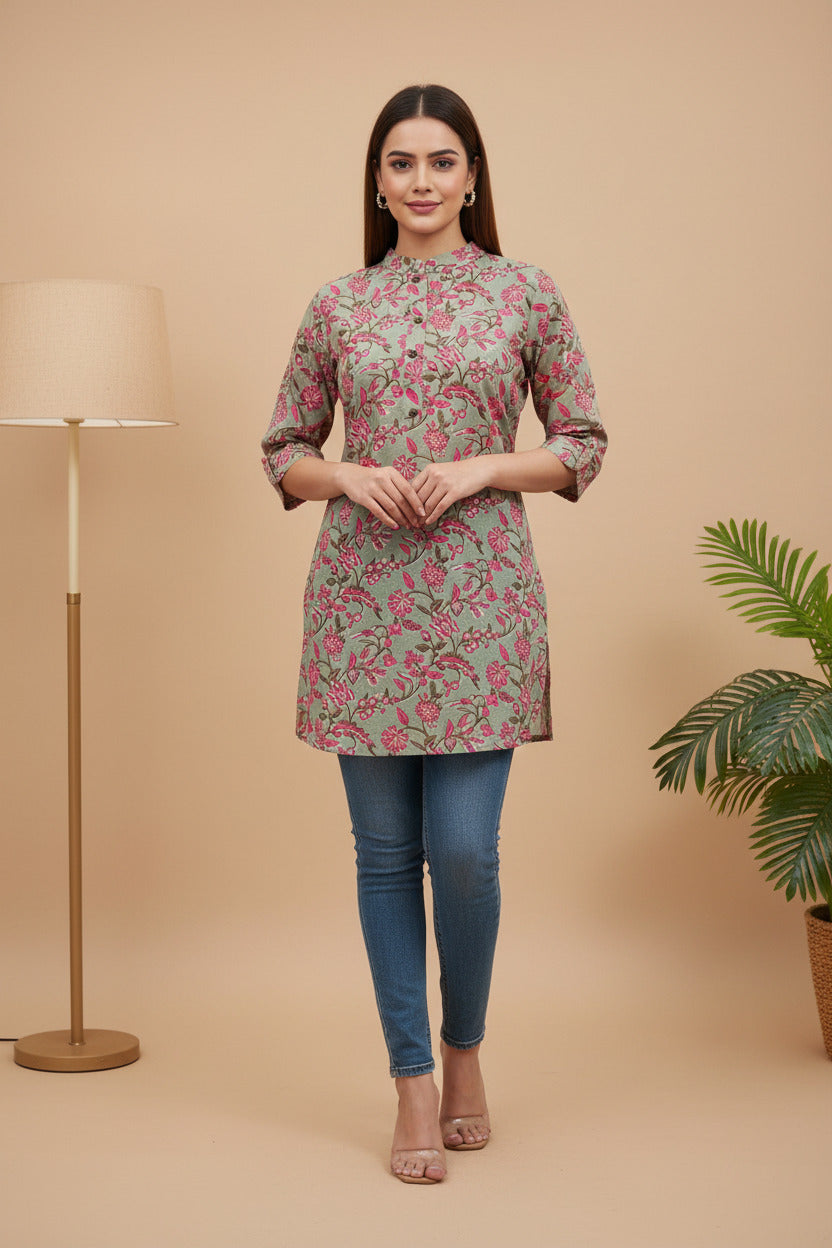 Buy Asian Collar Floral Print Cotton Tunic With Buttons in Lavendar – Tvahra