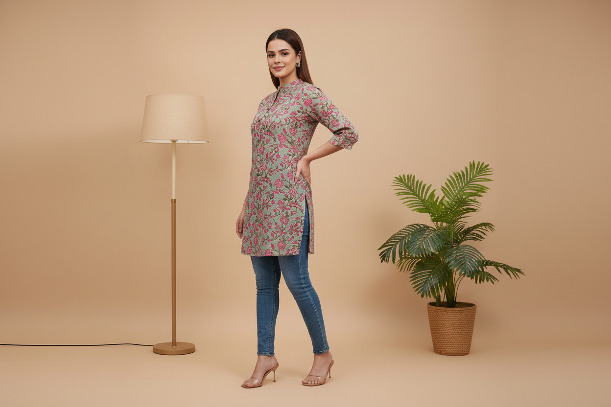 Asian Collar Floral Print Cotton Tunic With Buttons - Lavendar Green