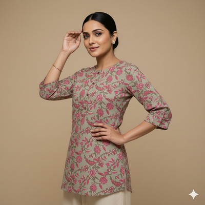 Round Neck Floral Print Cotton Tunic With Buttons - Lavendar Green