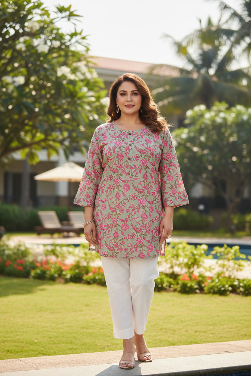 Buy Round Neck Floral Print Cotton Tunic With Buttons in Lavendar – Tvahra