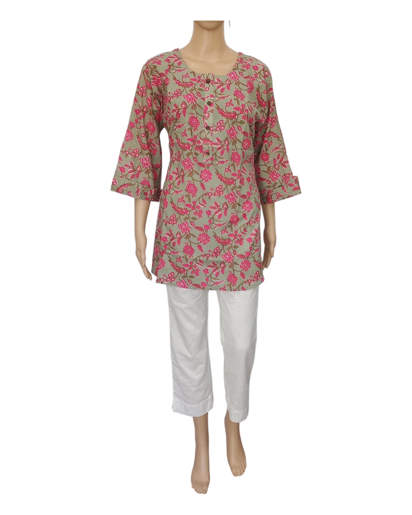 Buy Round Neck Floral Print Cotton Tunic With Buttons in Lavendar Green – Tvahra