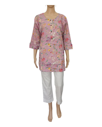 Buy Round Neck Floral Print Cotton Tunic With Buttons in Lavendar Green – Tvahra