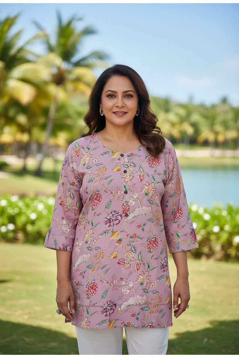 Round Neck Floral Print Cotton Tunic With Buttons - Lavendar