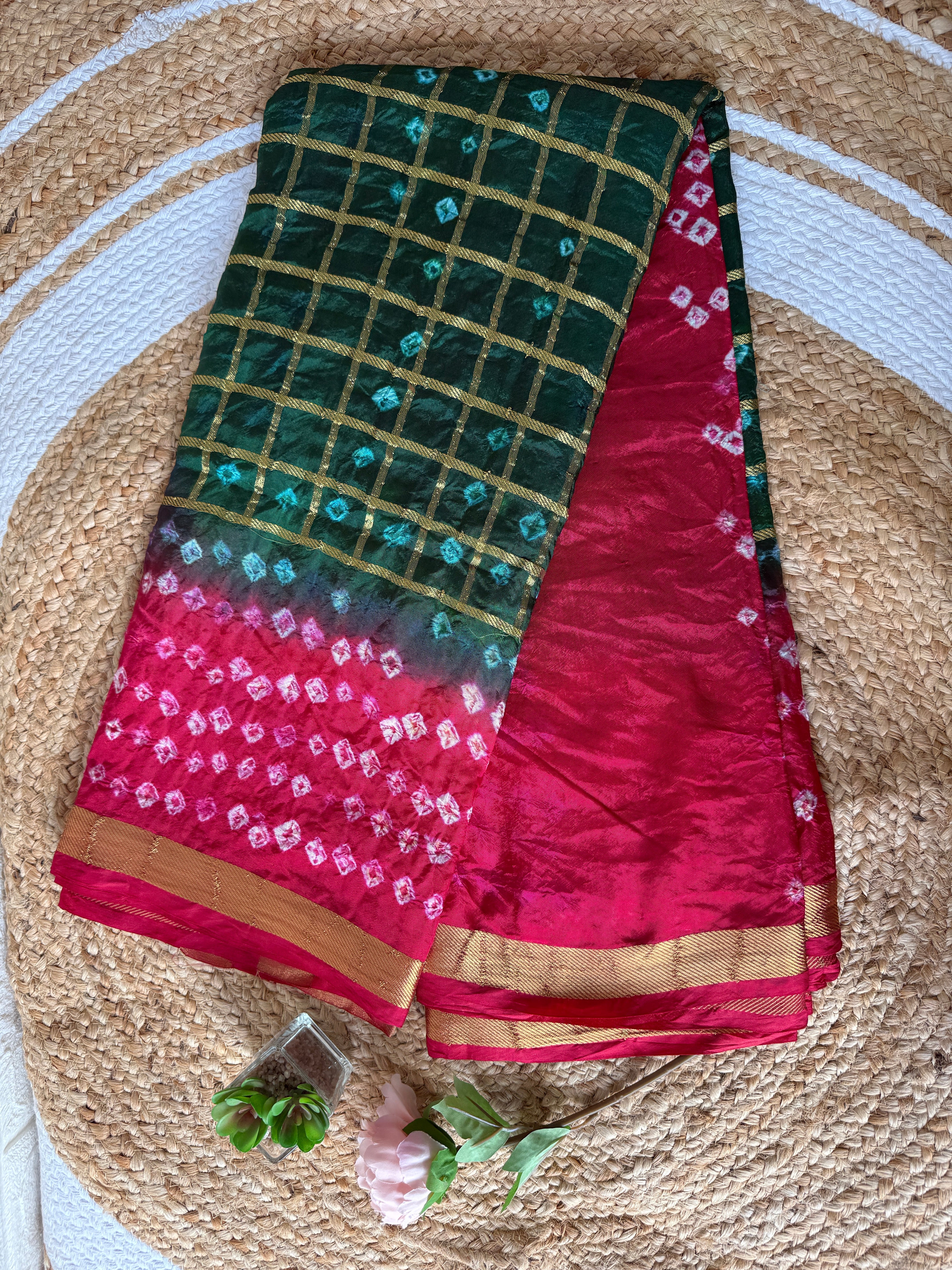 Green And Red Hand Bandhani With Gharchola Jari Checks Art Silk Saree